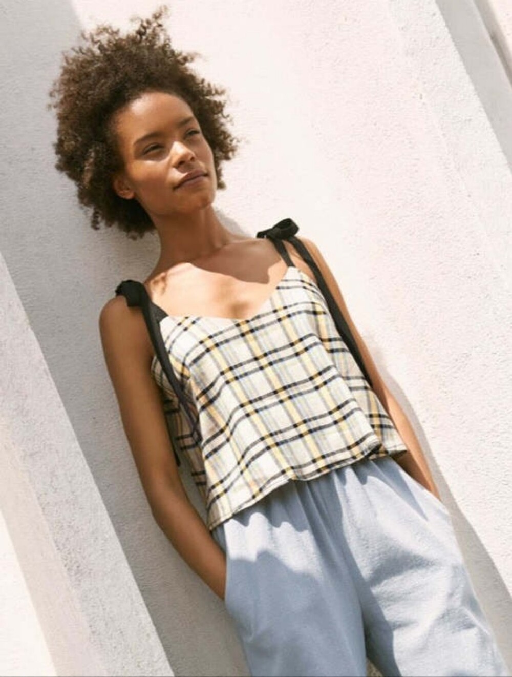 Eve Gravel Top Womens Small Crop Tank Sleeveless Linen Blend Plaid Beige Black